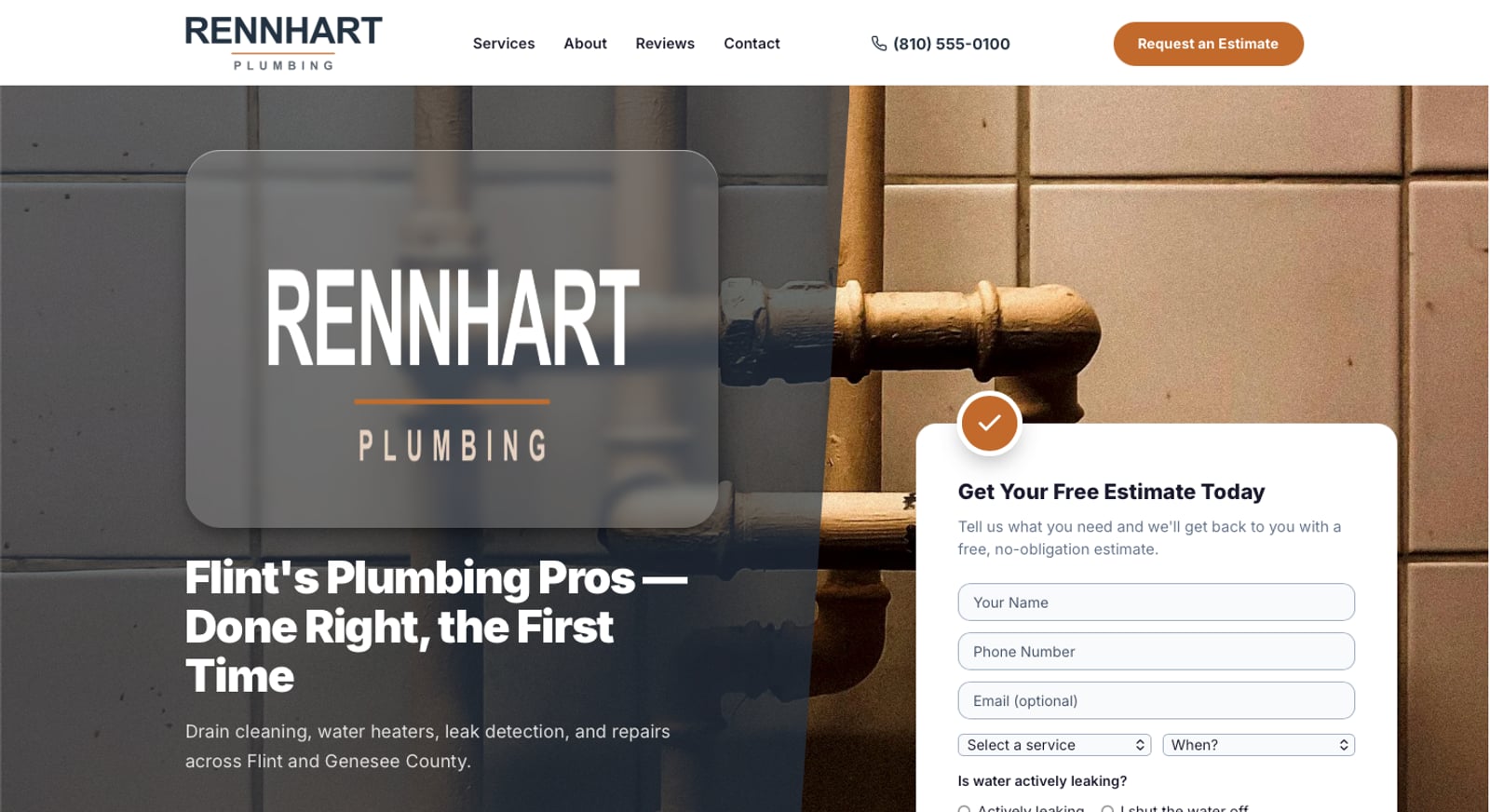 Rennhart Plumbing — a real TradePages site shown on desktop
