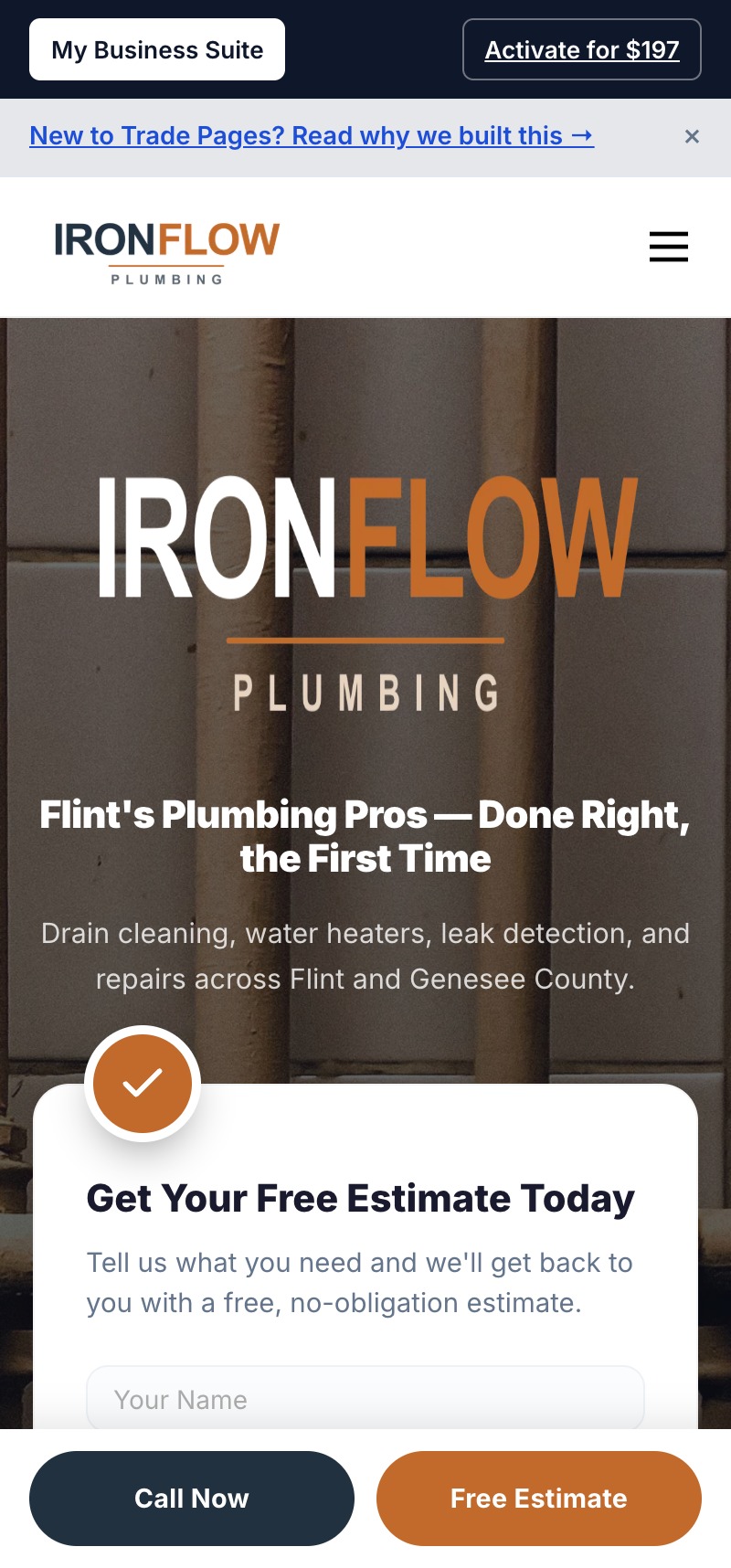 Ironflow Plumbing — a real TradePages site